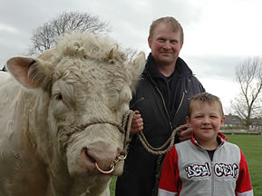 Andrew Jefferson with his son, Scott and current Charolais herd sire, Mowbraypark Northend.