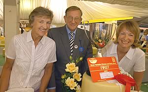 Gillian Hall and Jean Butler of Butlers Farmhouse Cheese who won Supreme Champion Dairy Product Award at the 2005 Great Yorkshire Show. Sir Ken Morrison (centre) presented the award.