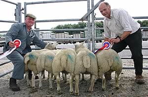 Brian Lund, right, gathers in his Skipton September prime lambs champions, assisted by judge James Dewhurst.