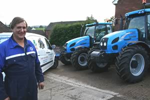 Les Bailey, sales manager at Cheadle-based farm machinery retailer G & S J Johnson with Landini Powerfarm and Mythos tractors destined for farms in Staffordshire and Derbyshire. 