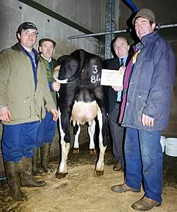 Raymond and Robert Johnson, left, are pictured with their Craven Dairy Auction champion, joined by purchaser John Whittaker, right, and sponsor Edgar Shepherd.