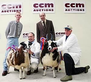 Skipton Jacobs champion Sid Moore, right, and runner-up Clive Richardson, are pictured with their charges, joined by show organiser Gavin Haworth, left, and judge Mark Walekin, from Atberyswyth.