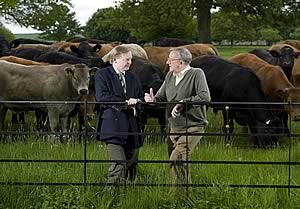 Simon Theakston, Chairman of the Yorkshire Agricultural Society with Sir Ken Morrison at home with his cattle.