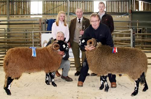 Richard Close is pictured right with his Skipton Dalesbred shearling ram champion, joined by David Wilson and the reserve champion, co-judges Rachel Brown and John Carr, and trophy presented Royston Baxter.