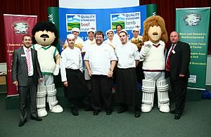 Back row, the kitchen team leaders who  prepared Quality Standard beef and lamb dishes for their peers under the instruction of head chef Phillip Hall; Ivy Moorhead, Sandra Henderson, Terri Laidler, Julie Maghie and Janet Galbraith.     Front row, left to right: Daniel Freeman, director of Freeman's Catering Butchers, the Lamby costume character, Phillip Hall, head chef at Matfen Hall, Hugh Judd, EBLEX foodservice project manager, Andrew Knox, junior sous chef at Matfen Hall, the Beefy costume character, Jamie Freeman, director of Freeman's Catering Butchers .