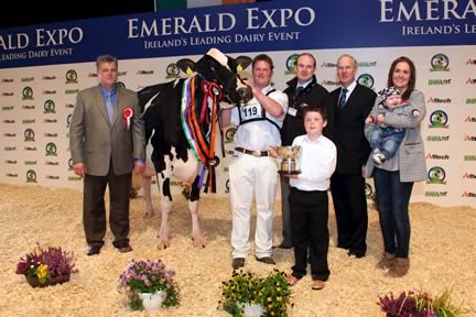 Paul Trapp, Judge from Wisconsin, USA, Co. Limerick Holstein breeder Derrick Frawley at the halter of Champion Croagh Susie Mist 46 with his nephew Paddy Frawley, Cathal McCormick, Alltech, main sponsors, Charles Gallagher, Chief Executive of the Irish Holstein Friesian Association, Katrina & Harry Frawley.