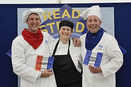 Ready Steady Cook – from left to right -= Andrew Atkinson from Harrogate, Winner, Stephanie Moon Judge, Tem Ogden Auctioneer with Craven Auction Marts