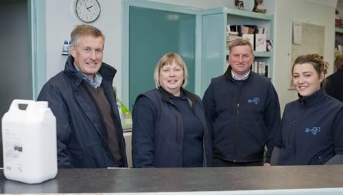 Ian Graham, left, of MSD Animal Health, discussing the growing need on many farms to treat dairy cows for liver fluke before turnout, with some of the team at Riada Veterinary Centre, Ballymoney, from left, June Moore, Keith Laughlin and Sarah Falls.