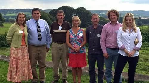 National Trust winners: James and Victoria Hawkins (left), Luke Hasell (3rd from right) and Neil and Leigh Heseltine (right); with John Meadley (3rd from left) Chairman of the PFLA and Rebecca Charley (centre) National Trust Food and Farming advisor in the South West and also a PFLA approved supplier of Red Poll beef.