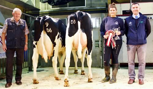 Pictured with the Lawson family’s Craven Dairy Auction champion and reserve champion are, from left, judge Aubrey Greenhalgh, exhibitor Suzy Lawson and BOCM Pauls’ Phil Coleman.