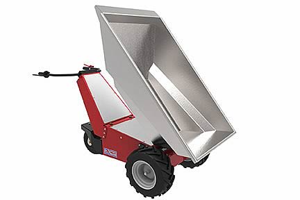 The MUV Electric Wheelbarrow from Nu-Star Material Handling Ltd, shown with galvanized steel tub in the tipped position.