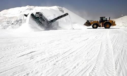 A conveyor belt deposits white potash into storage piles at ICL Fertiliser's Dead Sea Works
