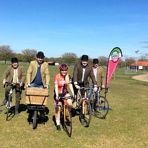 Farmers get on their bikes to launch the new cycle park and cycle routes to the 2015 Suffolk show pictured with elite cyclist Tanya Griffiths