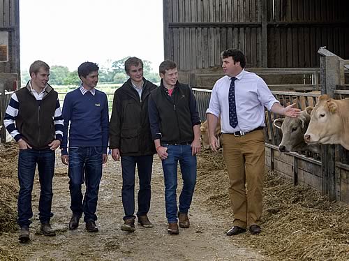 The photo shows (far right) Oliver White, Tour Co-ordinator and the College's Research Officer with left to right Oliver Inman of Wiggington, York, Sam Abel from near Bedale, Tom Elliott of Toulston, Tadcaster and Tom Parvin of Sessay, Thirsk in the Beef Unit at Askham Bryan College, prior to their study tour with the Cattleman's Academy.