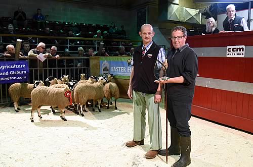 Richard Close is pictured right in the Skipton ring with his Dales Mule victors and trophy presenter Andrew Wright