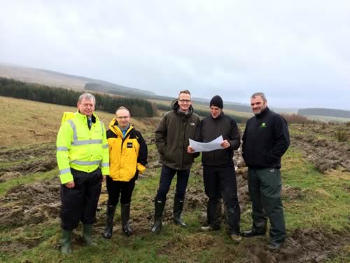 Hamish Macleod of BSW; Jason Sinden of Tilhill Forestry; John Lamont MSP; Eddie Addis of Tilhill Forestry and contractor Simon Richardson.