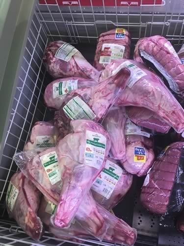A cabinet of imported New Zealand legs of lamb in Lidl (Kilmarnock)
