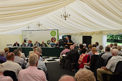 Mr Brian Jones, 2017 President, addresses members at the Royal Welsh Agricultural Society’s Annual General Meeting.