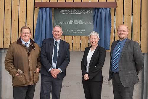 l-r: Graham Hayward, Director of Cumbria Local Enterprise Partnership with Matt Bagley, Head of Agriculture, Newton Rigg College, Catherine Dixon, Chief Executive, Askham Bryan College and Wes Johnson, former Principal, at the official opening of the new Sheep Husbandry Centre at the college's hill farm.